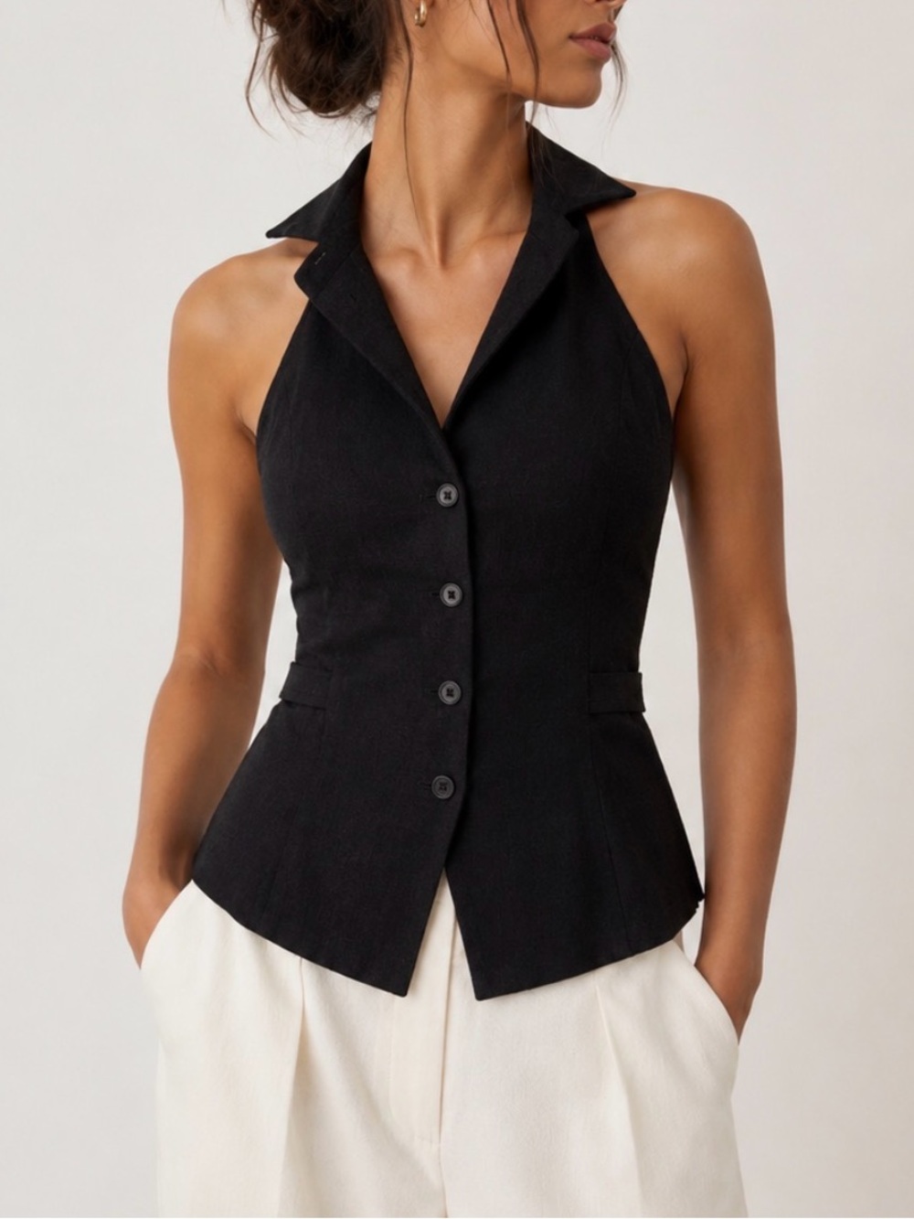 Zara Linen Blend Collared Sleeveless Halter Vest Y2K Going Out Black Women’s 5